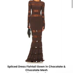 Norma Kamali fishtail gown long sleeve in chocolate and chocolate mesh. NWT XL